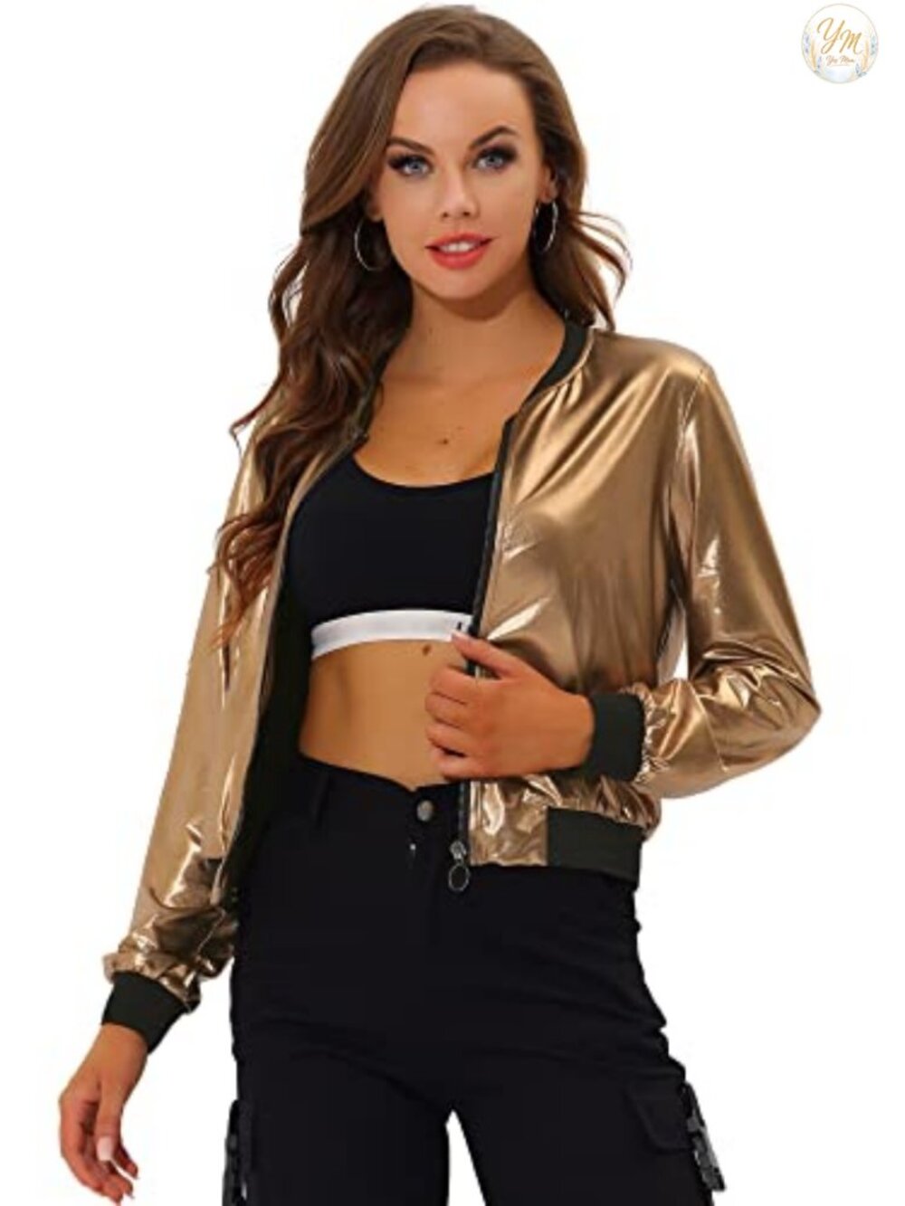 Women's Lightweight Metallic Bomber Jacket with Zip Front